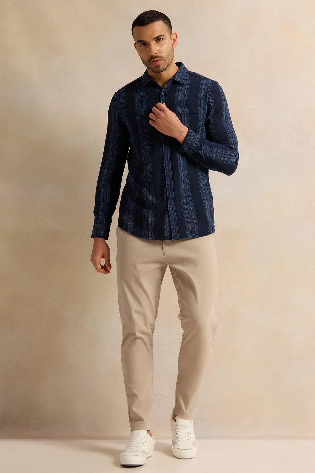 Men Navy Striped Casual Shirt