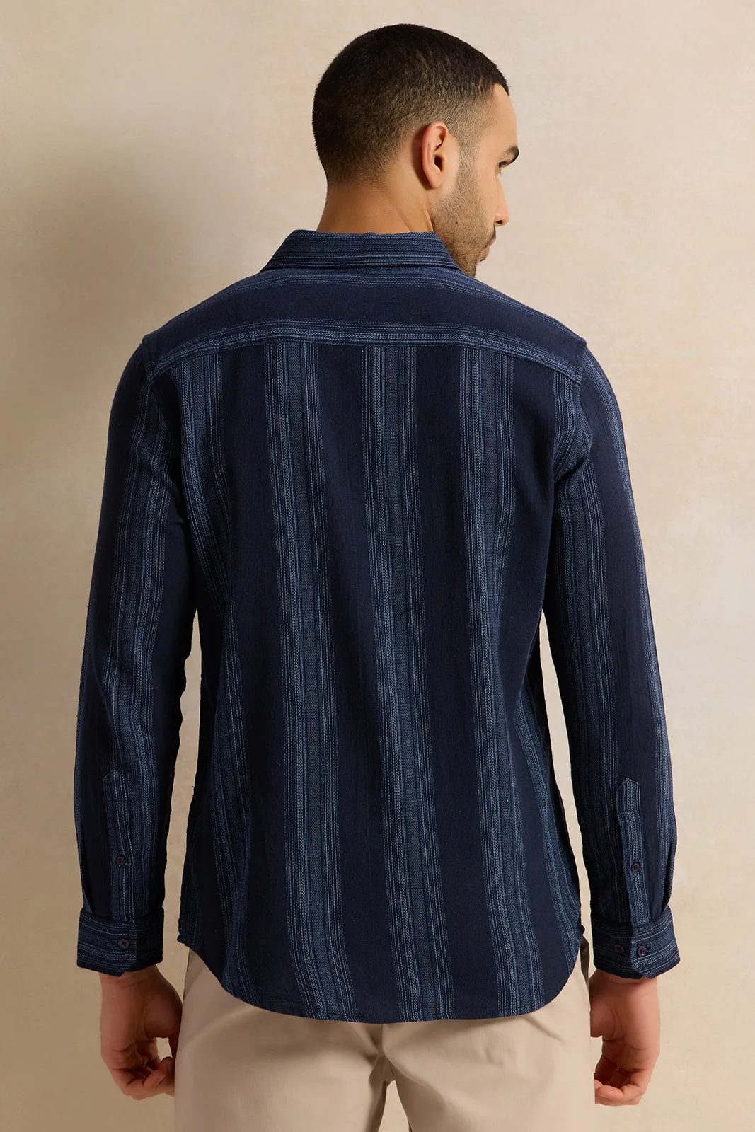 Men Navy Striped Casual Shirt