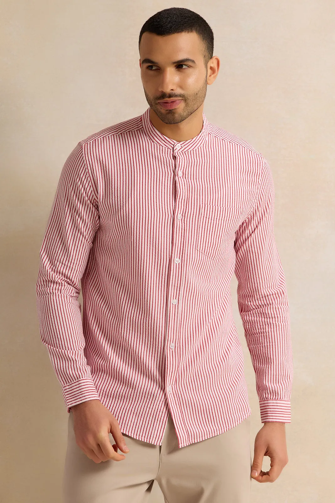 Men Pink Long Sleeve Casual Shirt