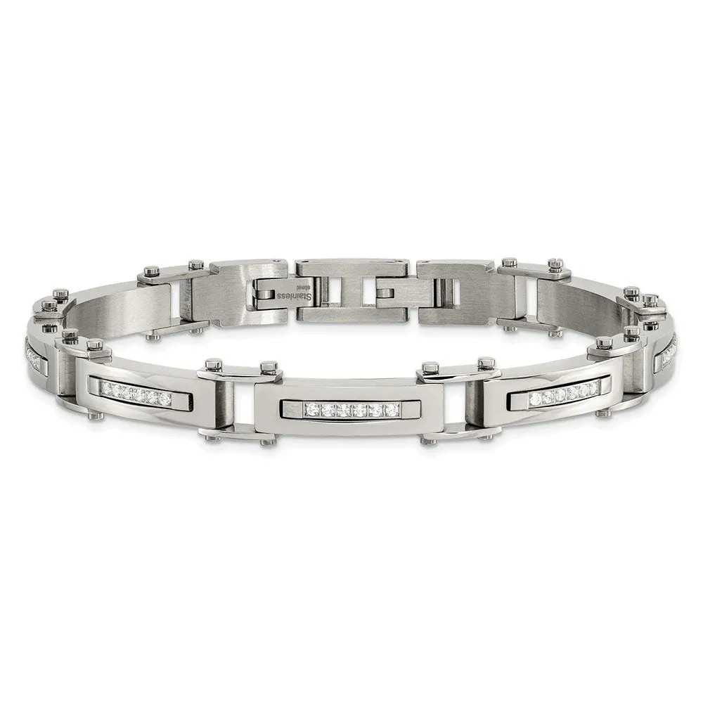 Men's 8mm Stainless Steel & CZ Link Bracelet, 8.25 Inch Adjustable