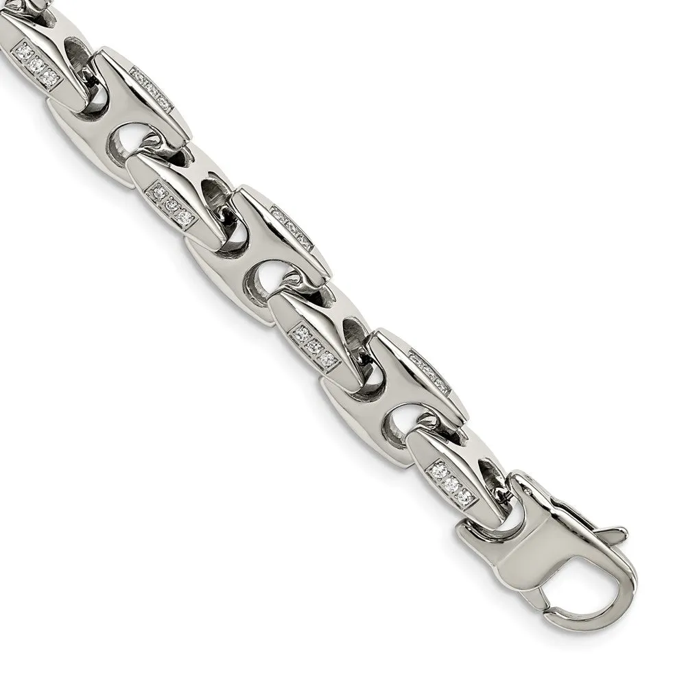 Men's 9.5mm Stainless Steel & CZ Fancy Anchor Chain Bracelet, 9 Inch