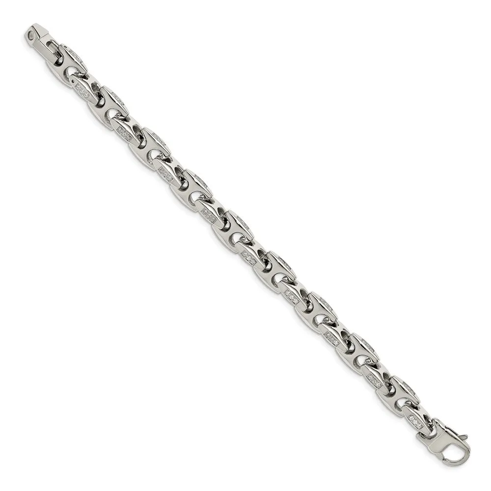 Men's 9.5mm Stainless Steel & CZ Fancy Anchor Chain Bracelet, 9 Inch