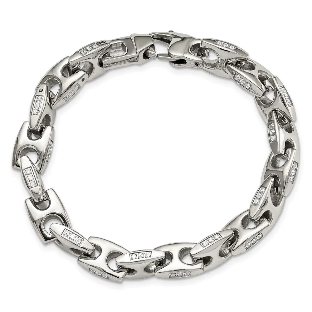 Men's 9.5mm Stainless Steel & CZ Fancy Anchor Chain Bracelet, 9 Inch