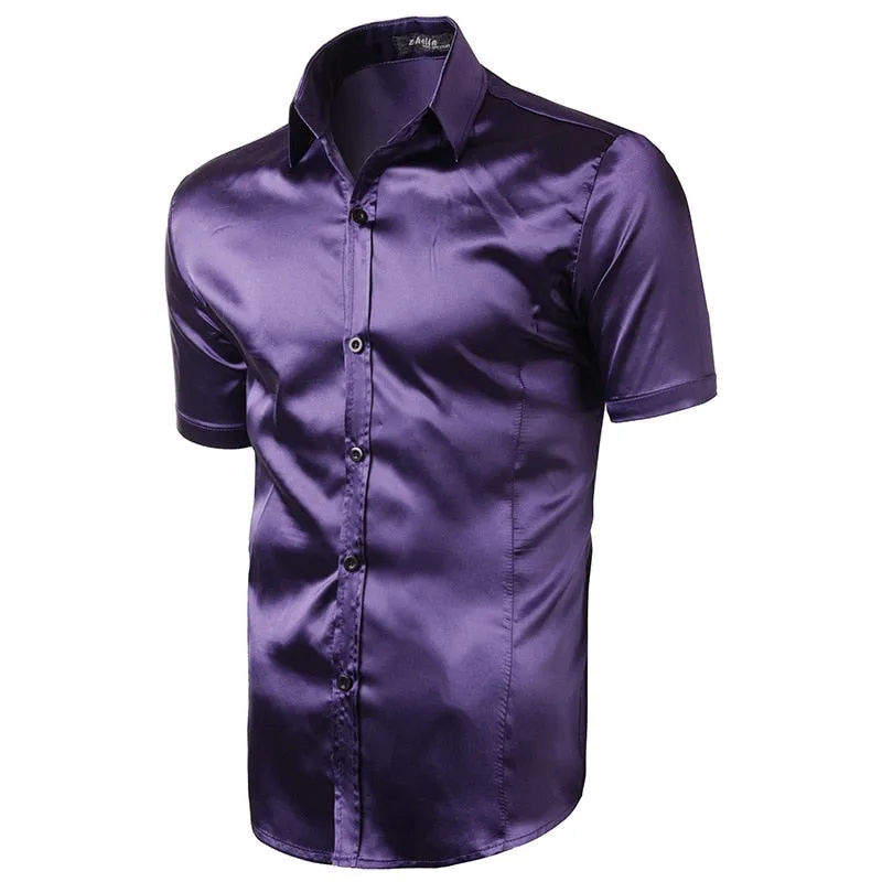 Men's Casual Purple Color Shiny Satin Shirt Silk Slim Fit Short Sleeve Shirt