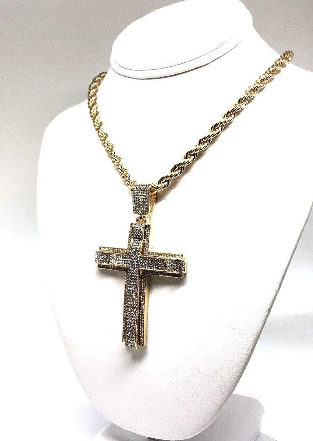 Men's Hip Hop Gold Plated Iced Out Cross CZ Pendant Necklace 30 Rope Chain 3.5mm