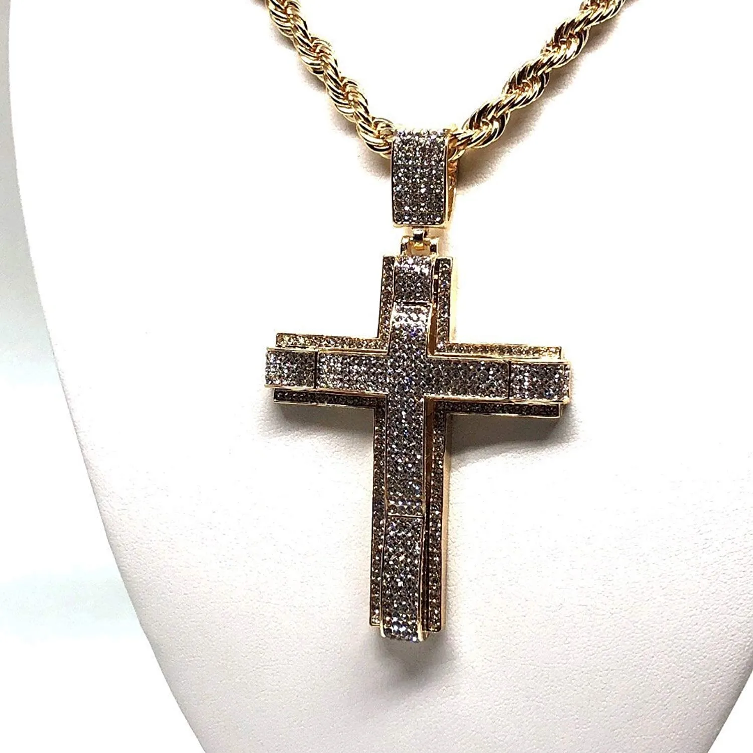 Men's Hip Hop Gold Plated Iced Out Cross CZ Pendant Necklace 30 Rope Chain 3.5mm