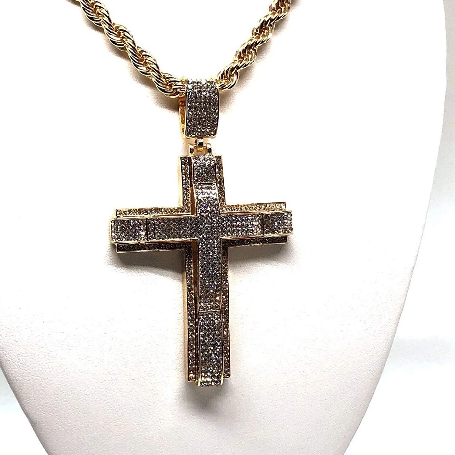 Men's Hip Hop Gold Plated Iced Out Cross CZ Pendant Necklace 30 Rope Chain 3.5mm