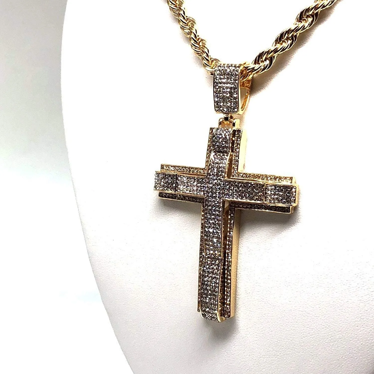 Men's Hip Hop Gold Plated Iced Out Cross CZ Pendant Necklace 30 Rope Chain 3.5mm