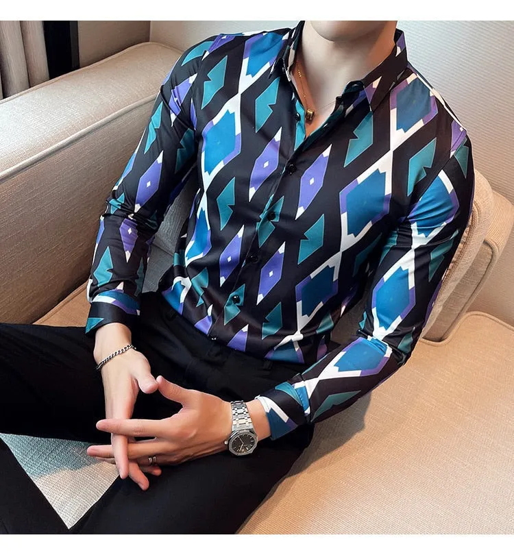 Men's Korean Style Diamond Pattern Printed Long Sleeve Shirt