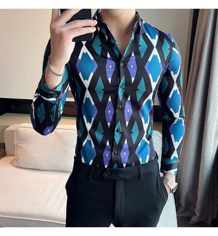 Men's Korean Style Diamond Pattern Printed Long Sleeve Shirt