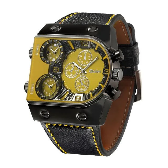 Men's Military Style Leather Strap Multi-Time Zone Quartz Wristwatches