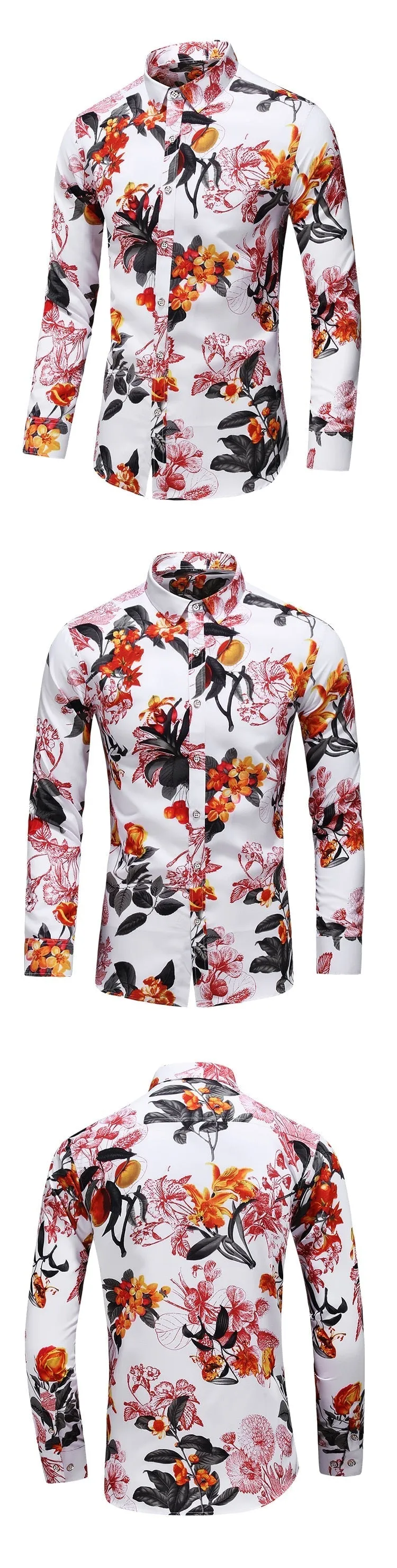 Men's Polyester Casual Style Flower Printed Hawaiian Long Sleeve Shirt