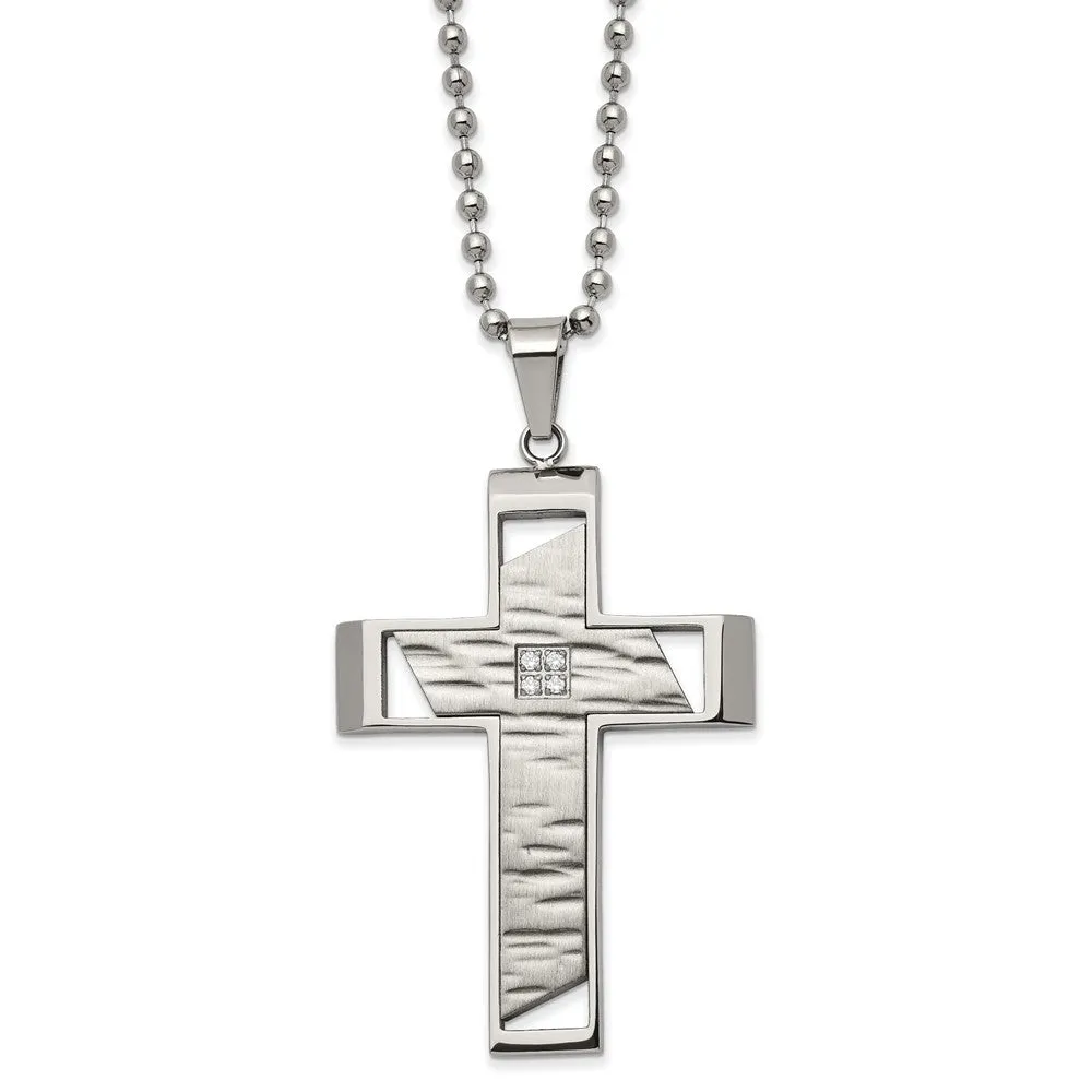 Men's Stainless Steel & CZ Brushed & Textured Cross Necklace, 22 Inch