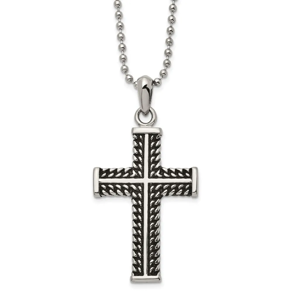 Men's Stainless Steel Antiqued and Polished Cross Necklace, 22 Inch