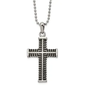 Men's Stainless Steel Antiqued and Polished Cross Necklace, 22 Inch