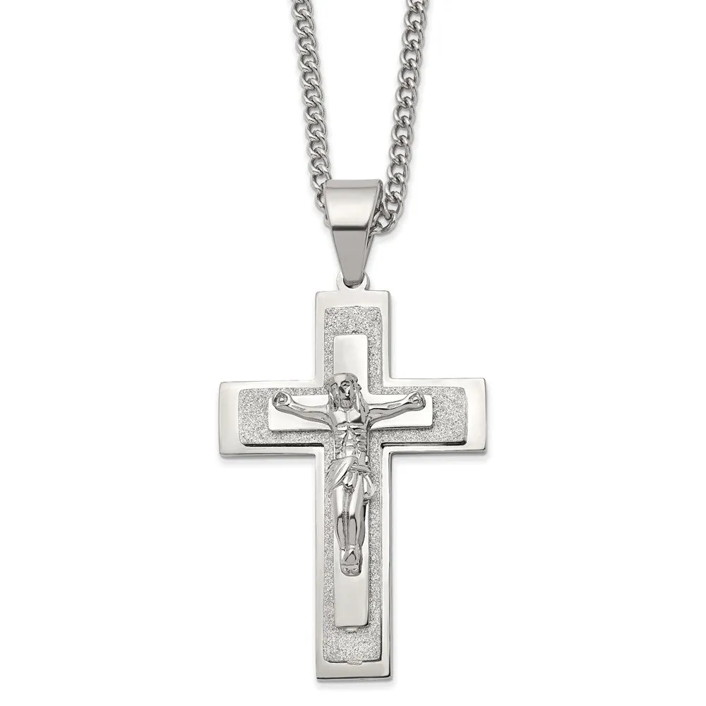 Men's Stainless Steel Large Crucifix Layered Cross Necklace, 24 Inch