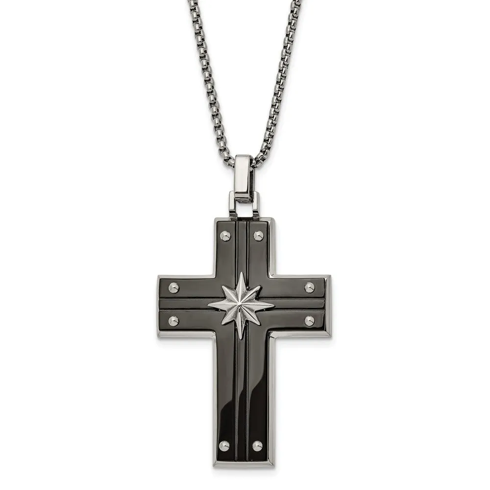 Men's Stainless Steel Two Tone Large Starburst Cross Necklace, 24 Inch