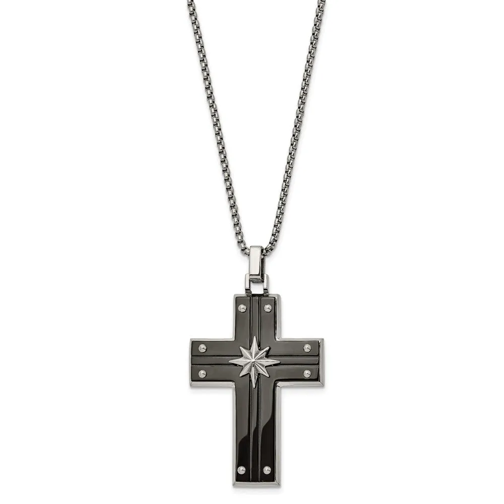 Men's Stainless Steel Two Tone Large Starburst Cross Necklace, 24 Inch