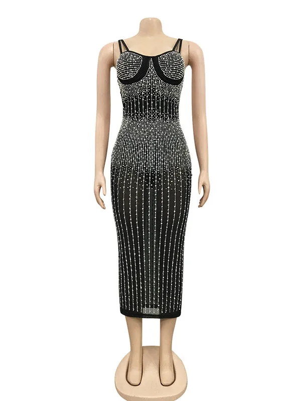 Momnfancy Black Diamond Rhinestone Mesh Zipper Elegant Bodycon Club Evening Gown Photoshoot Baby Shower Maternity Midi Dress