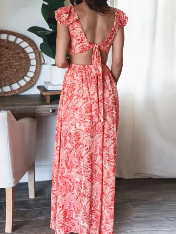 Momnfancy Elegant Pink Floral Side Slit Falbala Cutout Bare Waist Tie Back Backless Holiday Beach Maternity Maxi Dress