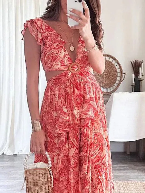 Momnfancy Elegant Pink Floral Side Slit Falbala Cutout Bare Waist Tie Back Backless Holiday Beach Maternity Maxi Dress