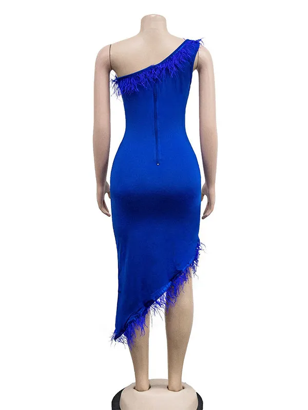 Momnfancy One Shoulder Feather Irregular Side Slit Elegant Bodycon Gown Baby Shower Maternity Midi Dress