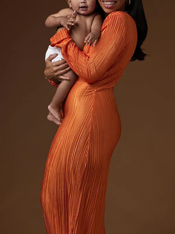 Momnfancy Orange Shirred Ruched Long Sleeve Bodycon Photoshoot Maternity Maxi Dress