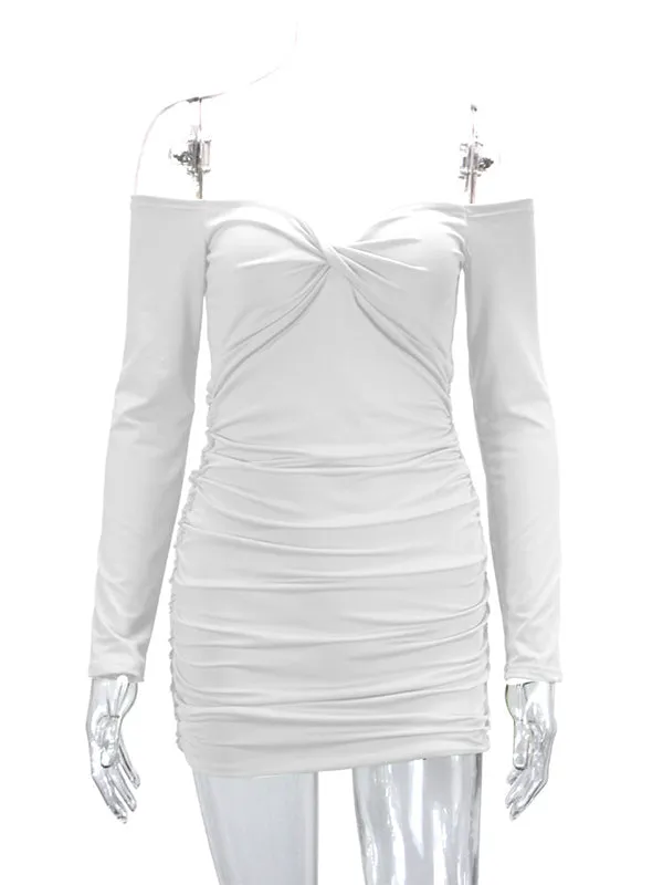 Momnfancy White Off Shoulder Ruched Cross Chest Long Sleeve Fashion Bodycon Photoshoot Baby Shower Maternity Mini Dress