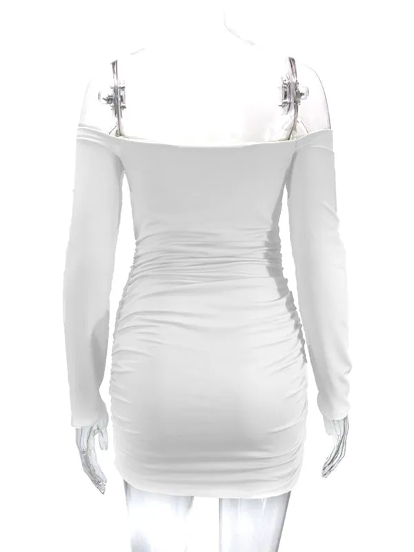 Momnfancy White Off Shoulder Ruched Cross Chest Long Sleeve Fashion Bodycon Photoshoot Baby Shower Maternity Mini Dress