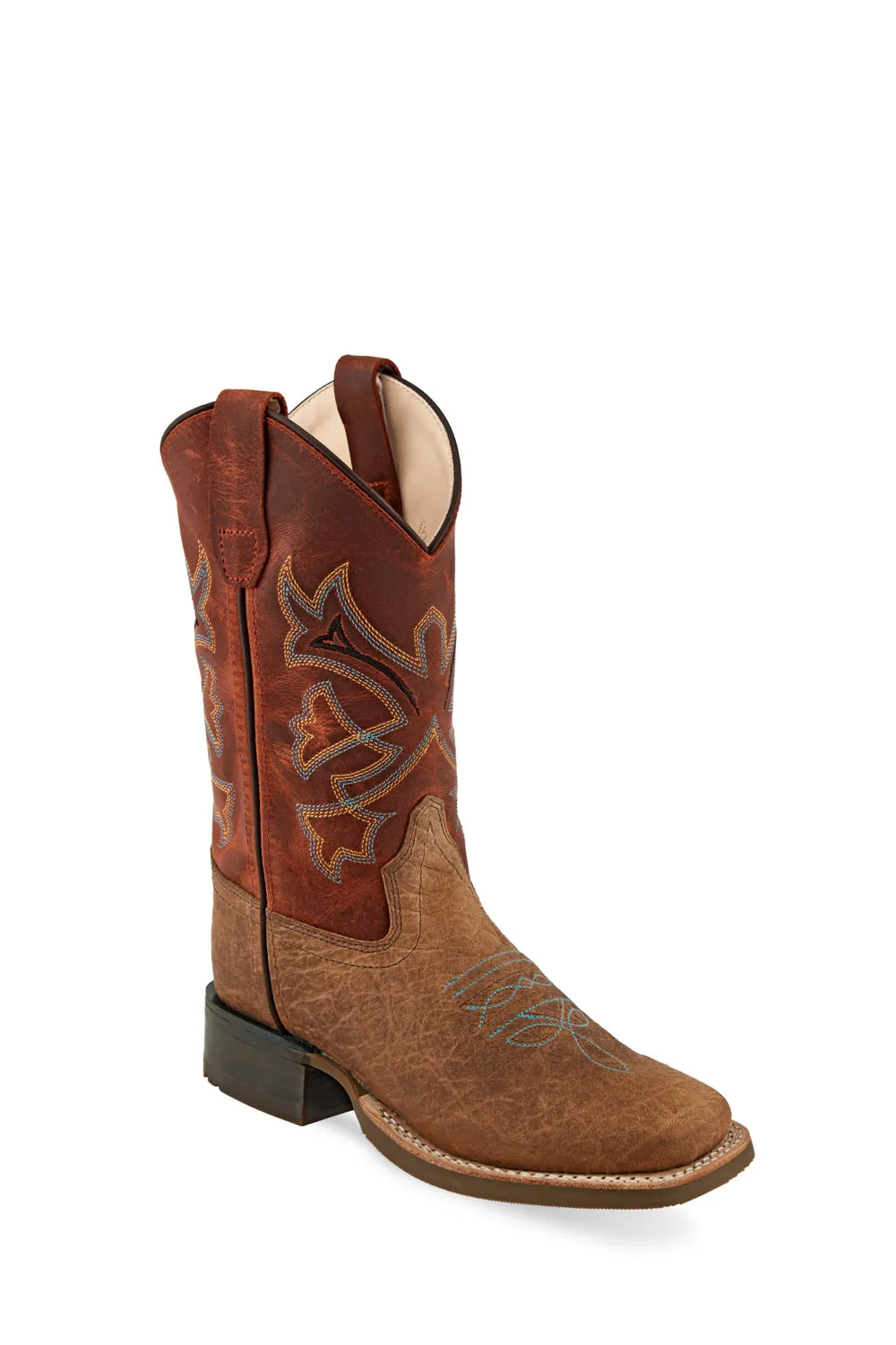 Old West Brown/Burnt Red Youth Boys Leather Cowboy Boots 3.5D