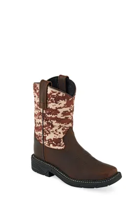 Old West Brown/Camo Children Boys Leather Cowboy Boots 10.5D