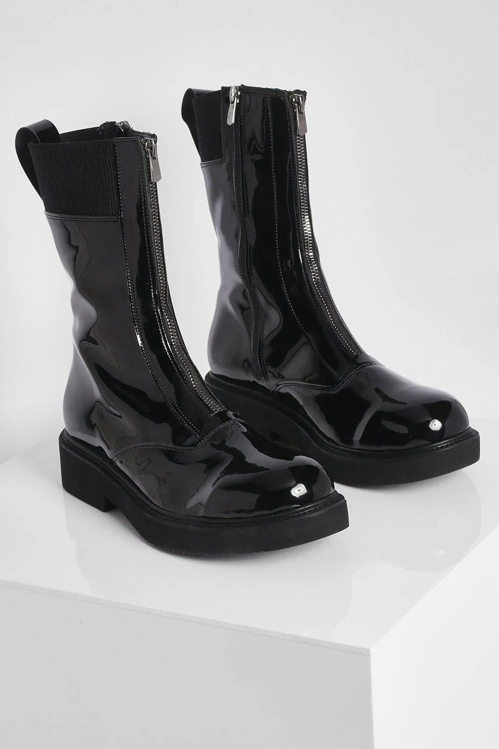 Patent Zip Front Chunky Biker Boots