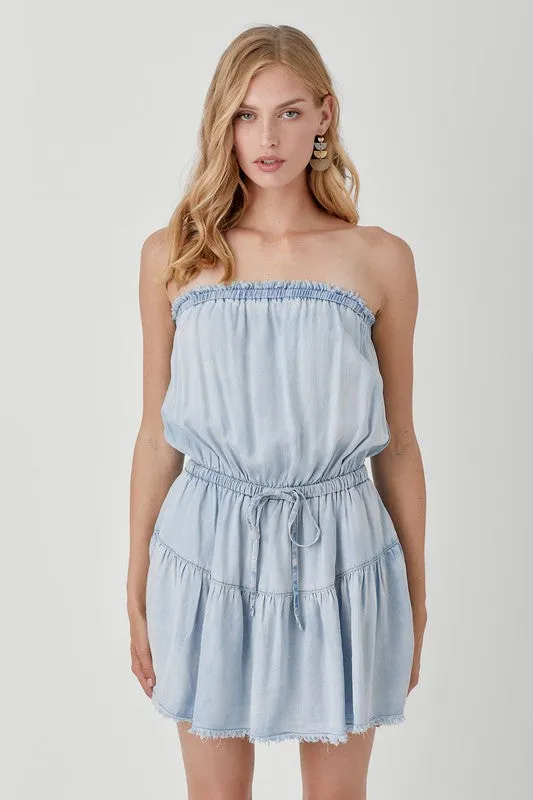 Raw Edge Denim Tube Mini Dress