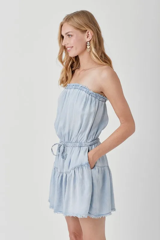 Raw Edge Denim Tube Mini Dress