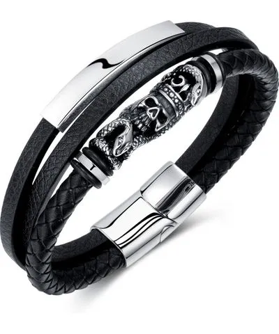 Rhona Sutton Black Skull Snake Leather Stainless Steel Bracelet