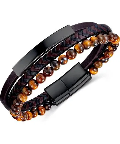 Rhona Sutton Black Tigers Eye Black Plated Leather Stainless Steel Bracelet