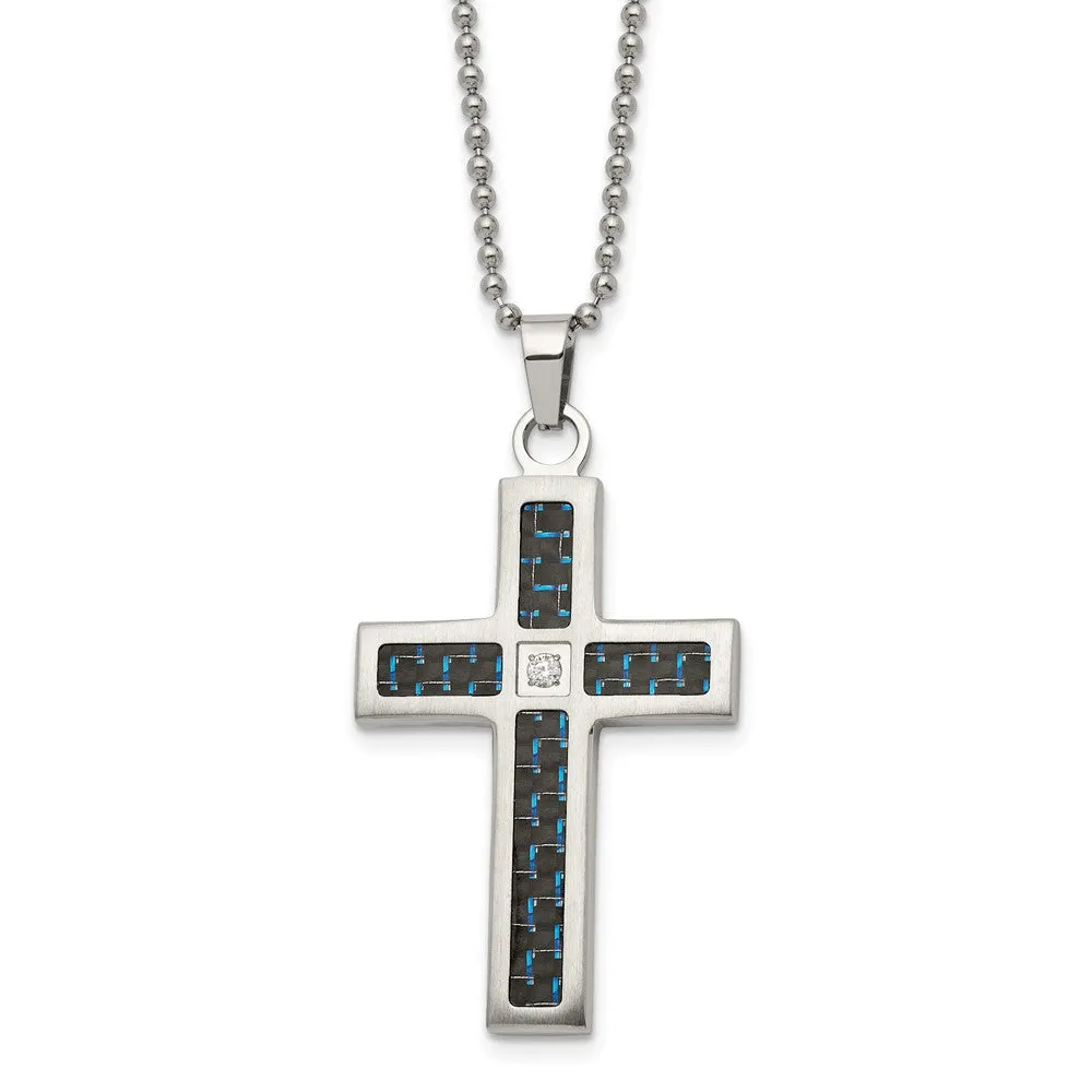 Stainless Steel, Black/Blue Carbon Fiber & CZ Cross Necklace, 22 Inch