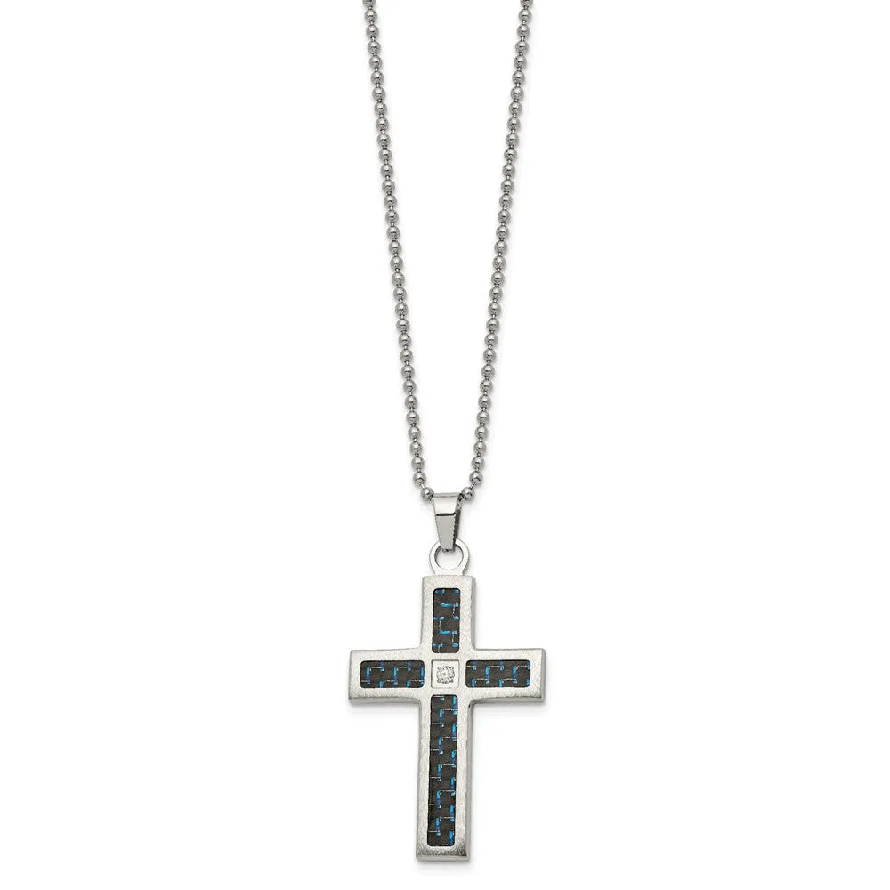 Stainless Steel, Black/Blue Carbon Fiber & CZ Cross Necklace, 22 Inch