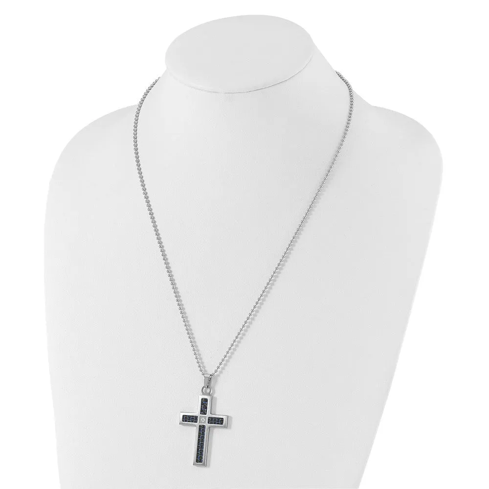 Stainless Steel, Black/Blue Carbon Fiber & CZ Cross Necklace, 22 Inch