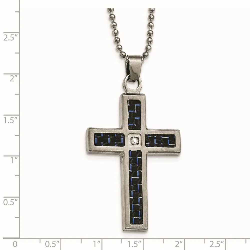 Stainless Steel, Black/Blue Carbon Fiber & CZ Cross Necklace, 22 Inch