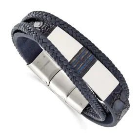 Stainless Steel Blue Leather Blue Wood Adj I.D. Bracelet, 7.5-8 Inch