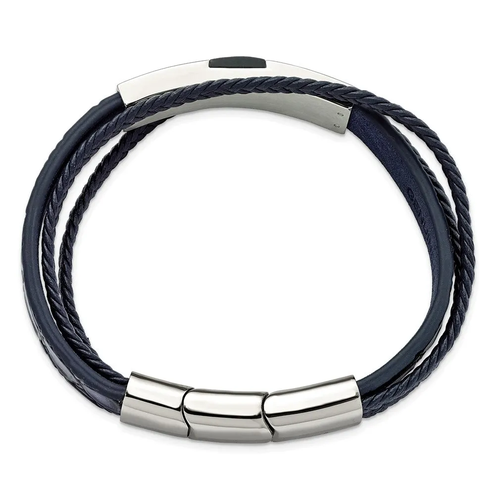 Stainless Steel Blue Leather Blue Wood Adj I.D. Bracelet, 7.5-8 Inch