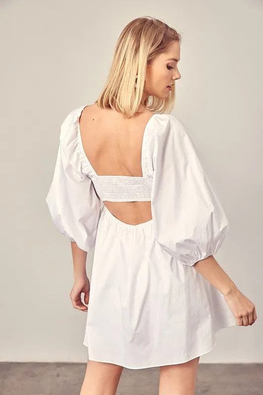 TIE FRONT PUFF SLEEVE ROMPER DRESS