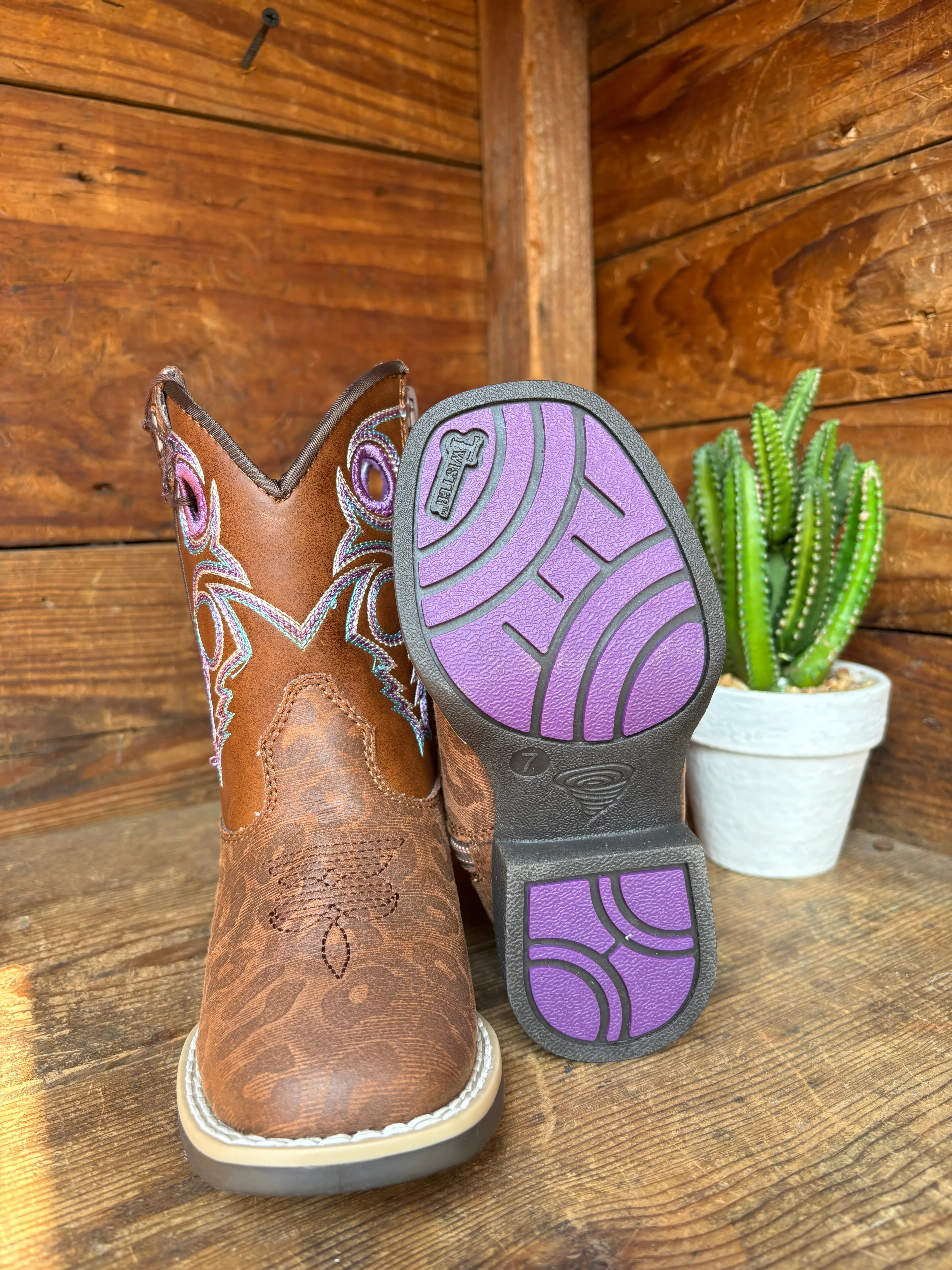 Twister Dottie Brown with Leopard Print Embroidered Toddler Cowboy Boots 443003502