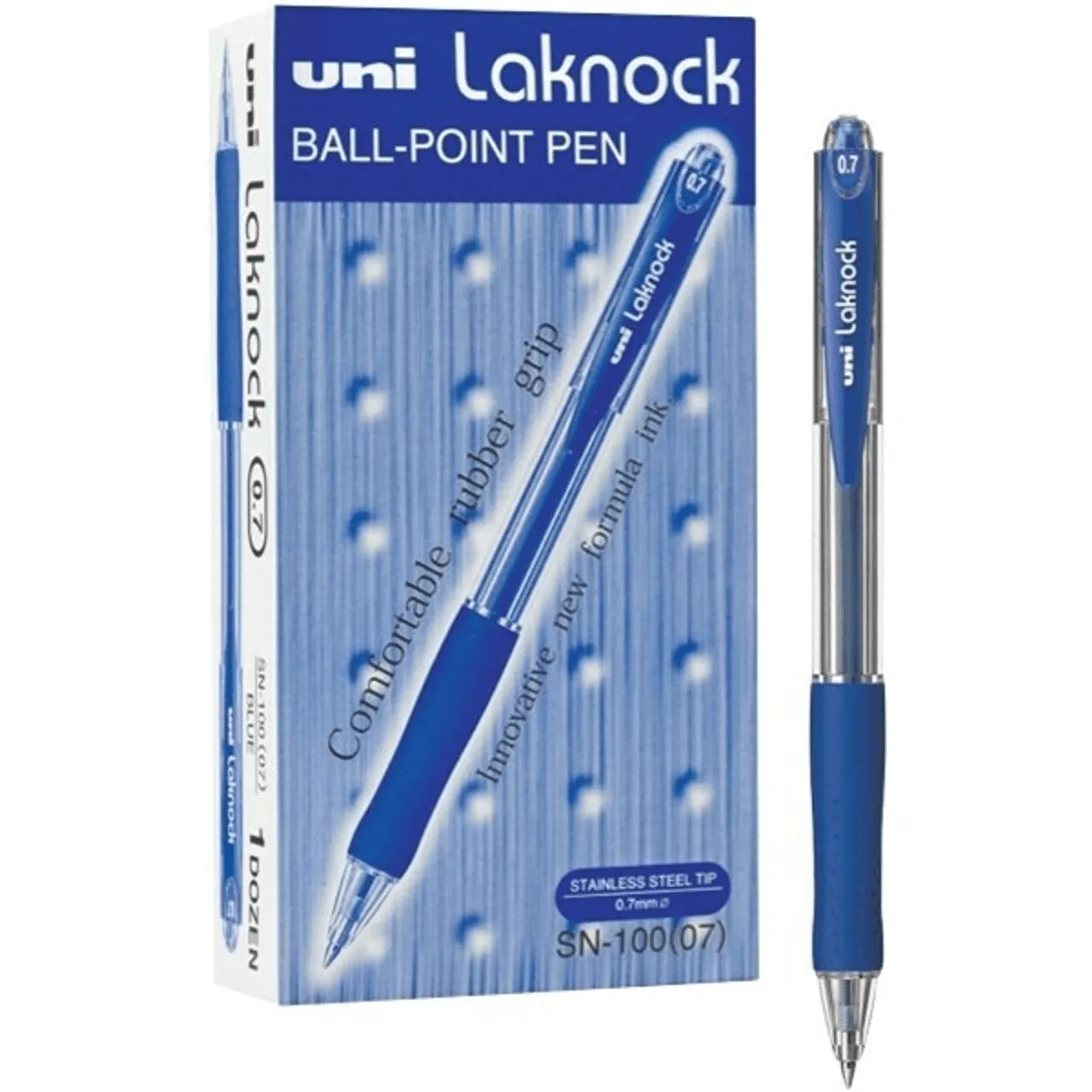 Uni-Ball SN-100 Laknock Retractable Ballpoint Pen Fine 0.7mm Blue Box 12