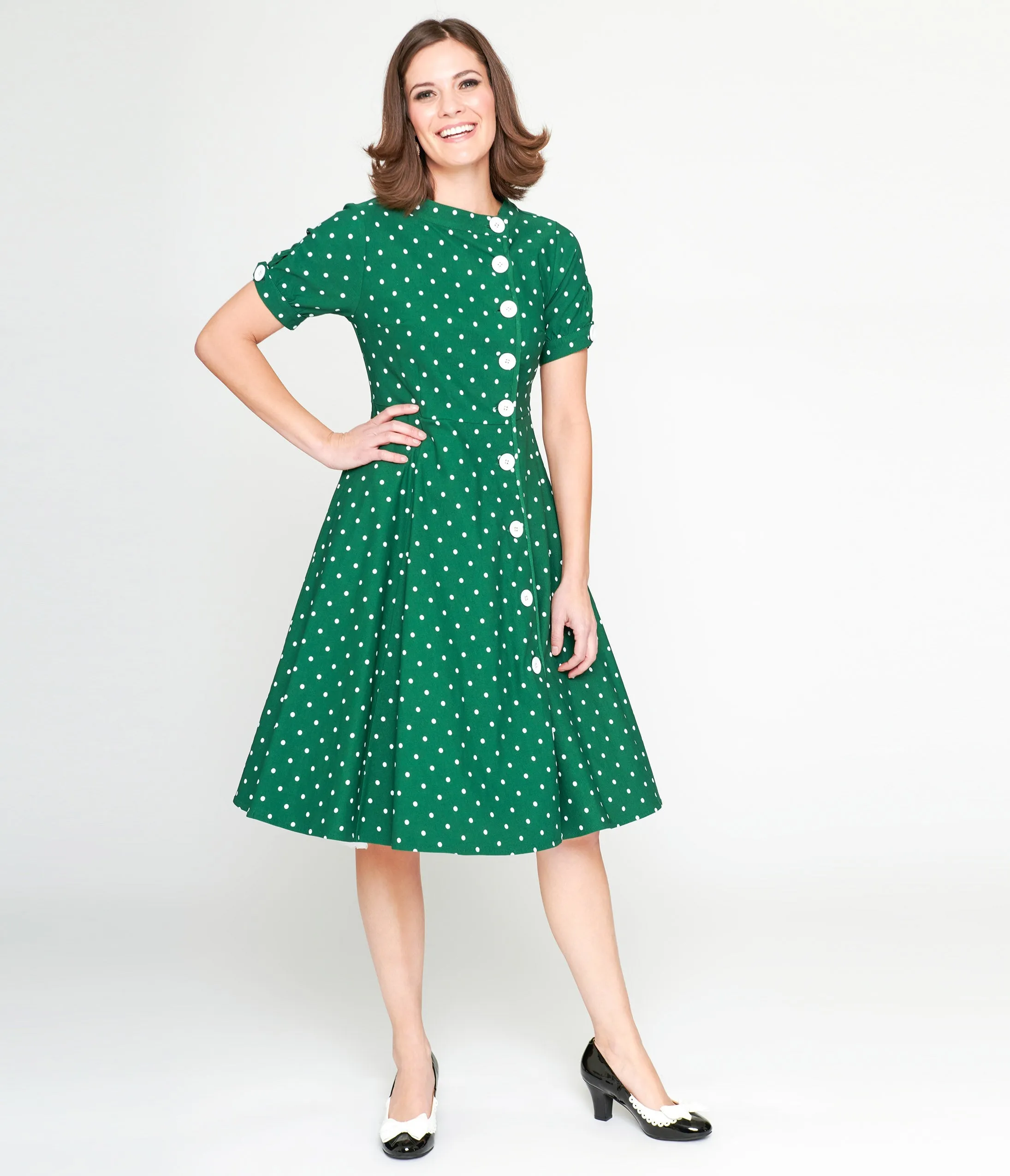 Unique Vintage 1950s Green & White Pin Dot Contrast Button Swing Dress