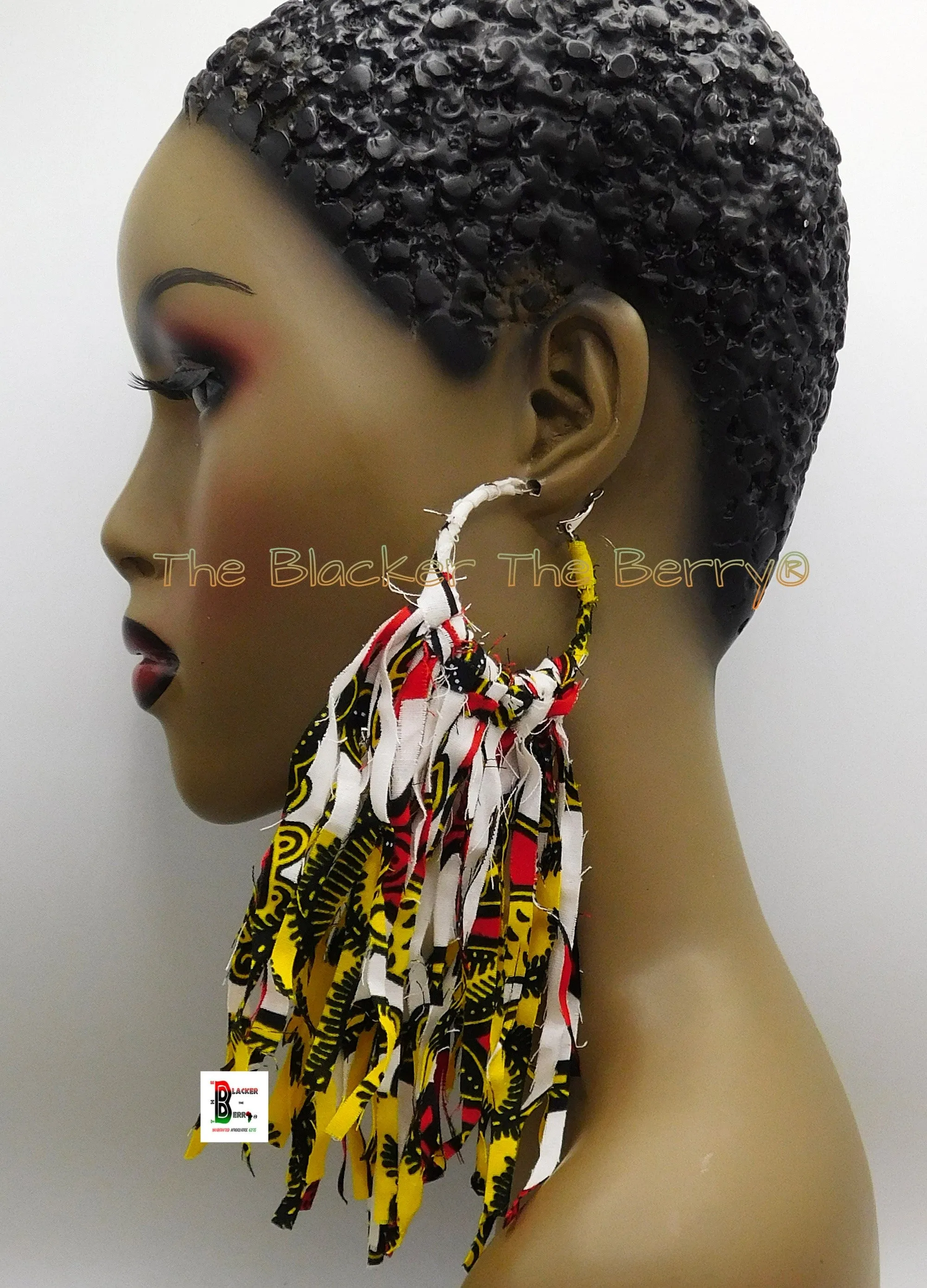 White Ankara Earrings African Fringe Jewelry Black Red Black Yellow Handmade Long Black Owned