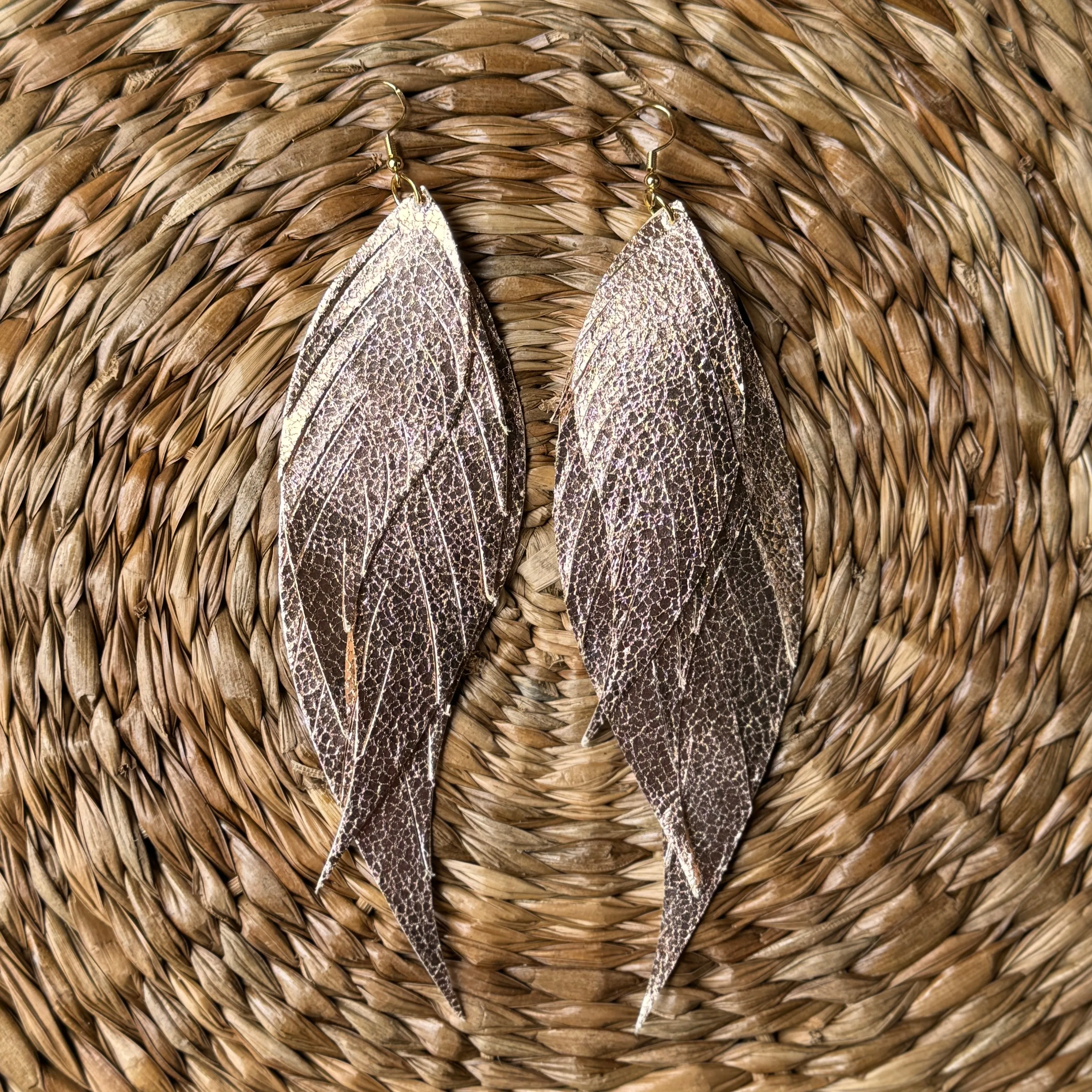 Wings of an Angel - Large - Rose Gold Crackle - Leather Earrings