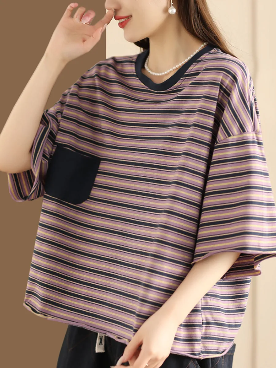 Women Casual Summer Stripe Spliced Loose Shirt CO1047