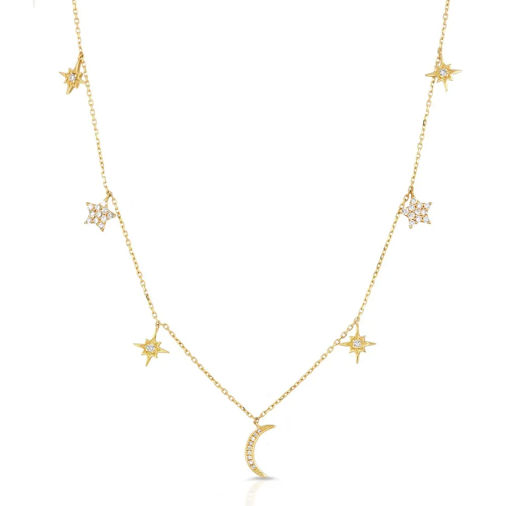 Women's 14k Solid Gold Diamond Moon & Stars Necklace Pendant